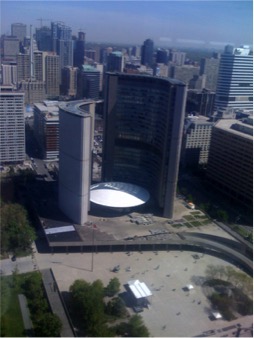 Picture of the Toronto City Hall taken from a much higher vantage point.