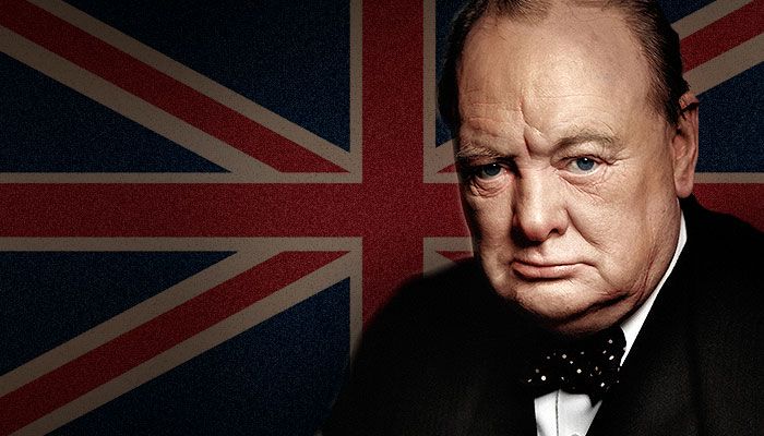 Winston Churchill photo with the British flag as a background.