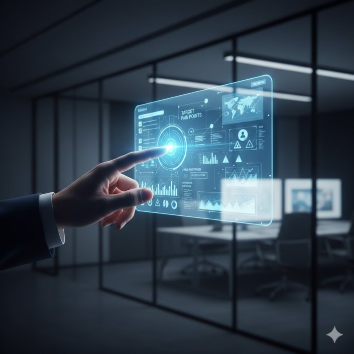 An image of a hand pointing to an AI generated dashboard on a computer screen.