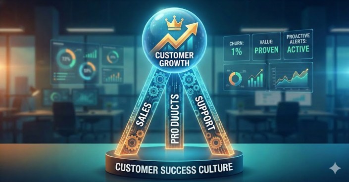 A tripod with legs titled, sales, products, and support, with the words Customer Growth, an upward trending arrow and a crown at the top. This sits on a base having the title, Customer Success Culture.