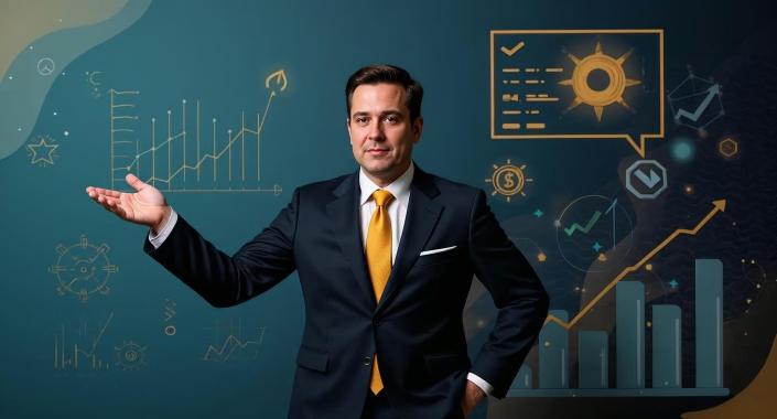 An image of a man in a suit, reaching out with his right hand to point to a graph with an upward trajectory.