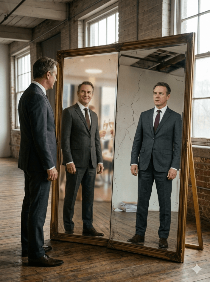 A man in suit standing in front of a mirror that has two reflections. One is overly positive, while the other reflects reality.