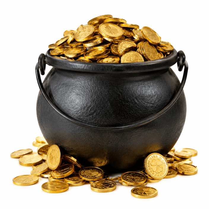 There is a black cast iron pot, filled with gold coins, with gold coins overflowing on the ground near the base of the pot.